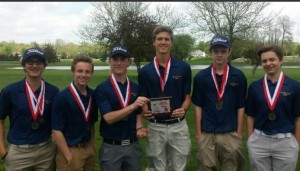 Scott Fisher, Terry Fortuna, Tristan Greenlee, Daniel Trembley, Dane Wilson and Dylan Wright from Clarkston Boys JV A Golf team celebrates second place at the Bedford Invite. Photo provided