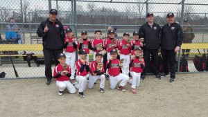 Clarkston Riverdawgs 8U team. From left in back row, Head Coach Luke Momrik, Ethan Kern, Mason Lenker, Beau Jacobson, Grey Klein, Brice Hickey, Gavin Bond, Assistant Coach Josh Bond and Assistant Coach Brian Klein; in front row, Trevor Theuer, Will Davis, Maddex May, Easton Momrik and Brody Denver. Not pictured Assistant Coach Mark Lenker. Photo submitted