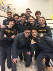 Seniors on the Clarkston Boys Swim & Dive team celebrate their senior night against Troy. From left in the front row: Gino Pacifico, Conner Malone; middle row, Bobby Hallett, Garrison Sigmon, Michael Sanker, Andrew Benedict, Jack Kennedy; back row: Andrew Ross, Luke Oldford and Matthew Sanker. Photo provided