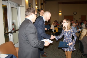 SMS 6th grader Katherine Speer, recognized for performing arts with Superintendent Rod Rock and Rep Jim Tedder