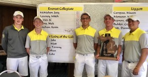 The Clarkston Everest Collegiate Boys Golf team celebrates winning their third regional title before winning the state championship. Photo submitted